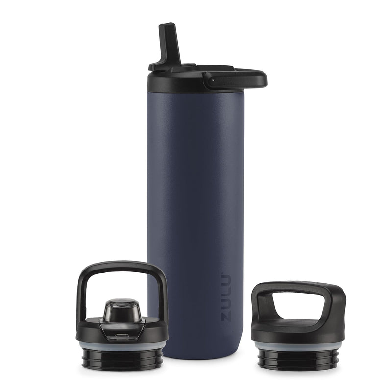 ZULU BASE 24OZ STAINLESS STEEL WATER BOTTLE 3 LIDS STRAW CHUG TWIST - NAVY - Brand New