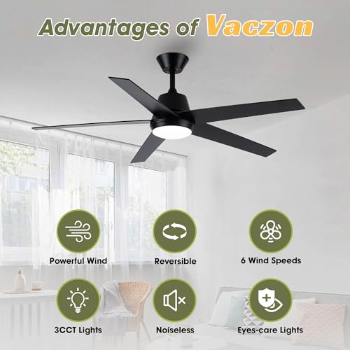 VACZON CEILING FANS LIGHTS REMOTE 52 INCH MODERN CEILING FAN QUIET - BLACK - Like New