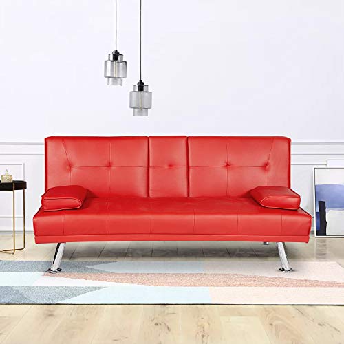 MOOSENG FUTON SETS BLACK CONVERTIBLE SOFA BED WITH ARMREST RECLINER COUCH RED - Like New