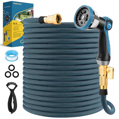 DOKOCCY GARDEN HOSE 50 FT KINK FREE WATER 10 SPRAY NOZZLE BRASS ALLOY - BLUE - Like New