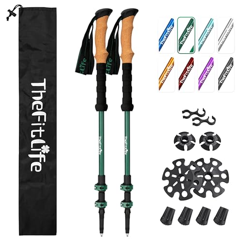 THEFITLIFE TREKKING POLES 7075 ALUMINUM HIKING CORK GRIPS TELESCOPIC - GREEN - Like New