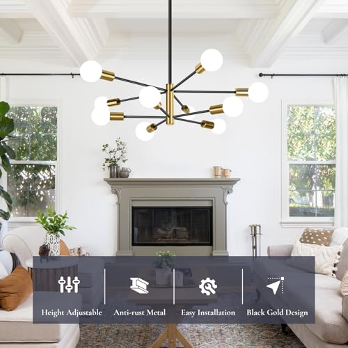 BESLOWE 10-LIGHT MODERN SPUTNIK CHANDELIER, JP2034.10BKGD - BLACK & GOLD - Like New