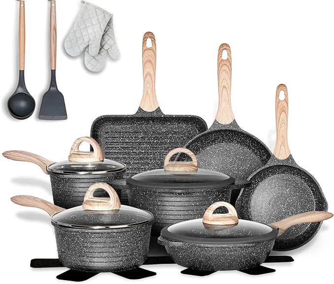 JEETEE Pots and Pans Set Nonstick 20PCS Granite Coating Induction - Gray/Granite - Like New