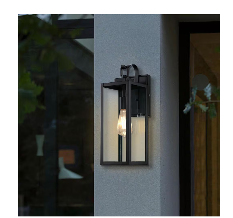 UIXE 2-LIGHT MATTE BLACK HARDWIRED OUTDOOR LANTERN SCONCE SEEDED GLASS - BLACK - Like New
