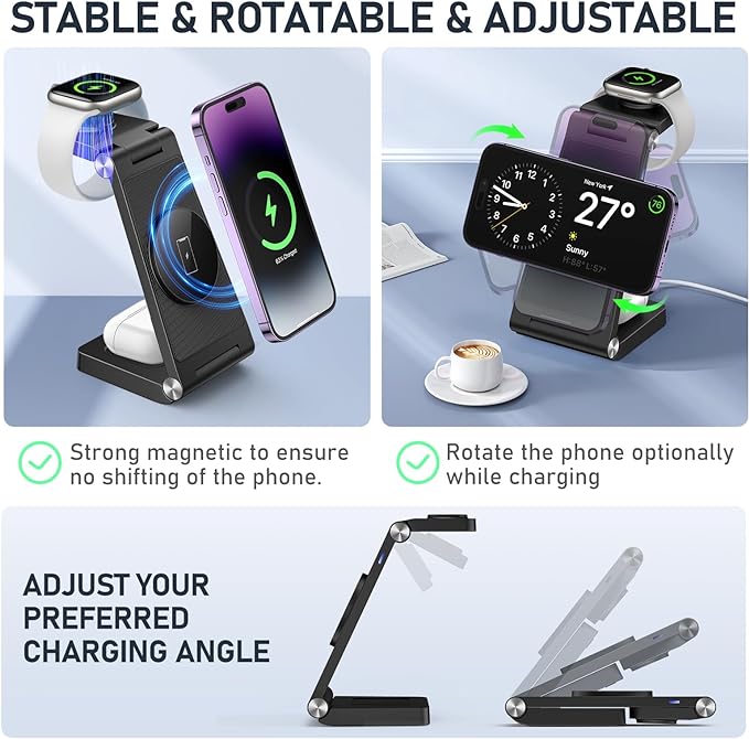 GEJIUCAI Magnetic Wireless Charger Stand 3 in 1 Foldable W327 - BLACK Like New