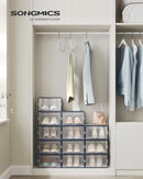 SONGMICS PACK OF 12 PLASTIC SHOE BOXES FOLDABLE STACKABLE SHOE BOXES CLEAR/BLACK - Like New