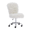 LINON CORA FAUX FLOKATI ARMLESS OFFICE CHAIR, WHITE - WHITE FAUX FUR - Like New