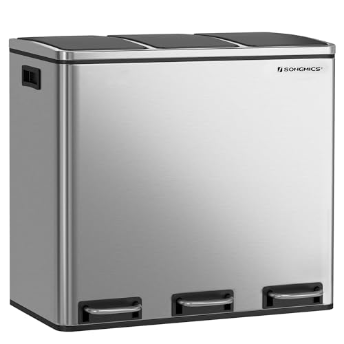 SONGMICS Trash Can, 3 x 4.8 Gallon Garbage Can, 14.4 Gallon Recycle Bin, Silver - Like New