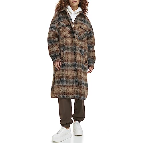 LEVI'S WOMEN LONG PLAID FLANNEL SHIRT JACKET BROWN PLAID SIZE S - Brand New