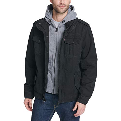 LEVI'S MEN'S WASHED COTTON HOODED MILITARY JACKET MEN XL BLACK - Brand New