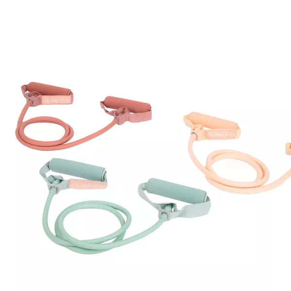 BLOGILATES 3PK RESISTANCE BANDS FOAM & TPR, MEDIUM & LIGHT - PINK/GREEN/ORANGE - Like New