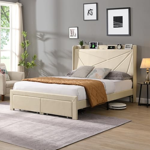KMNAGT QUEEN SIZE UPHOLSTERED BED FRAME - BEIGE - Scratch & Dent