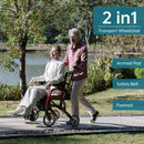 ELENKER 2 IN 1 ROLLATOR WALKER & TRANSPORT CHAIR FOR SENIORS - RED - Like New