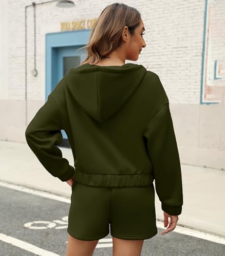 Womens 2 Piece Sweatsuit Outfits Half Zip Hoodie Sweat Shorts Pockets Luge Green - Brand New