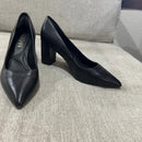 DELTAN REMI LEATHER BLOCK HEELS - SIZE: WOMEN 7 - BLACK - Like New