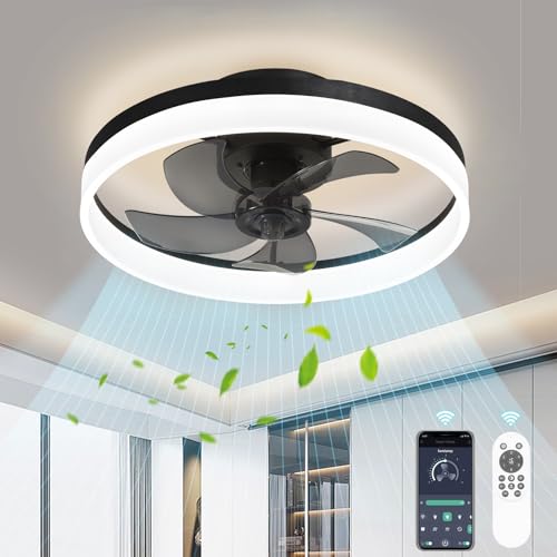 AHAWILL LOW PROFILE CEILING FANS LIGHTS 19.7" FLUSH MOUNT CEILING FAN - BLACK - Brand New
