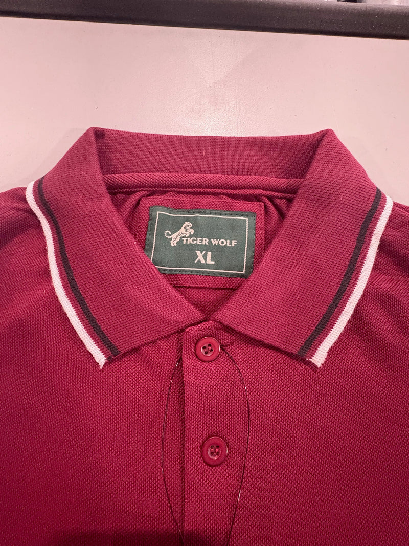 TIGER WOLF 3 BUTTON POLO SHIRT - SIZE: MEN XL - MAROON/BLACK/WHITE - Brand New