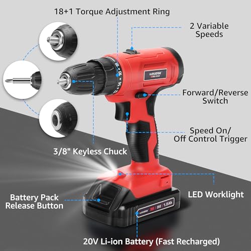 MANUSAGE 20V CORDLESS DRILL SET WITH CHARGER MS-649270918693 - BLACK - Like New