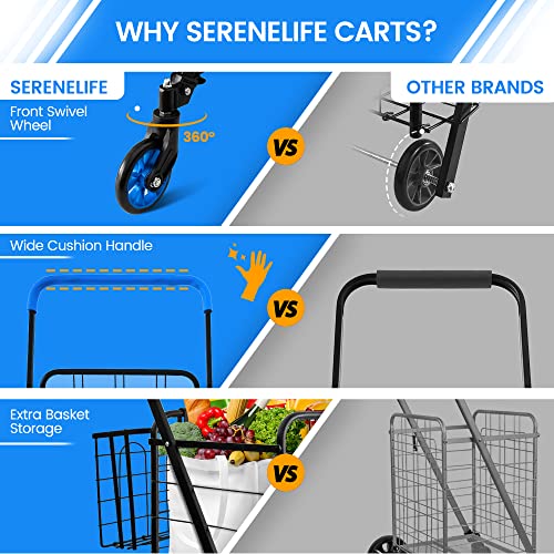 SereneLife Shopping Cart with 360 Rolling Swivel Wheels, Collapsible Design - Brand New