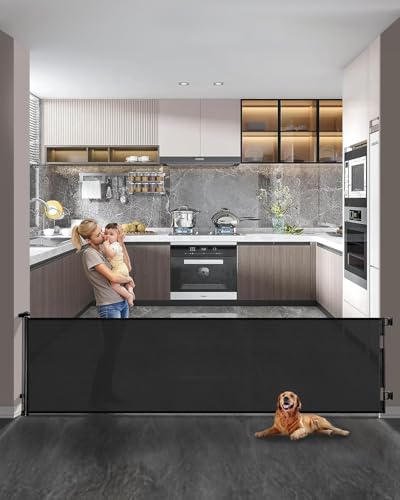 KISKIZ 165 INCH RETRACTABLE GATE,MESH BABY,EXTRA LONG DOG GATE - BLACK - Like New