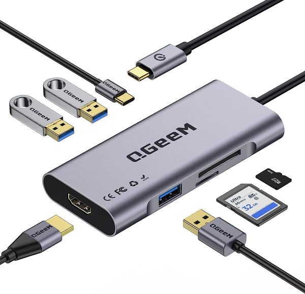 QGeeM 7-in-1 USB C Hub to HDMI Adapter 4k with 100W Power Delivery - GREY - Like New