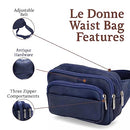 Le Donne Leather Waist Bag - 4-Compartment Bag - Adjustable Fanny Pack - Navy - Like New