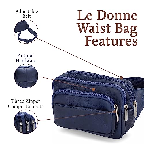 Le Donne Leather Waist Bag - 4-Compartment Bag - Adjustable Fanny Pack - Navy - Like New