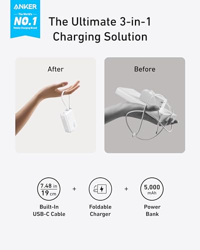 ANKER POWER BANK USB C CHARGER BLOCK 3-IN-1 5,000MAH CABLE, PLUG A1636 - WHITE - Like New