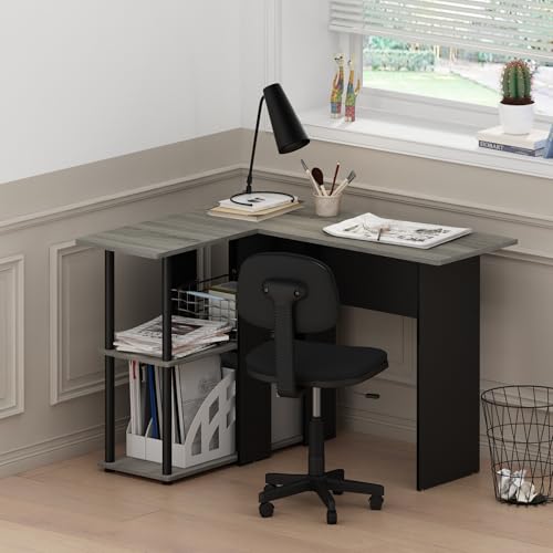FURINNO ABBOTT L-SHAPE COMPUTER DESK WITH BOOKSHELF FRENCH OAK GRAY/BLACK - Like New