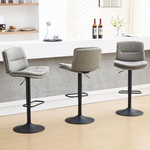 FIRAVOE SET OF 3 DOUBLE-LAYER UPHOLSTERED SWIVEL BAR STOOLS - GRAY - Like New