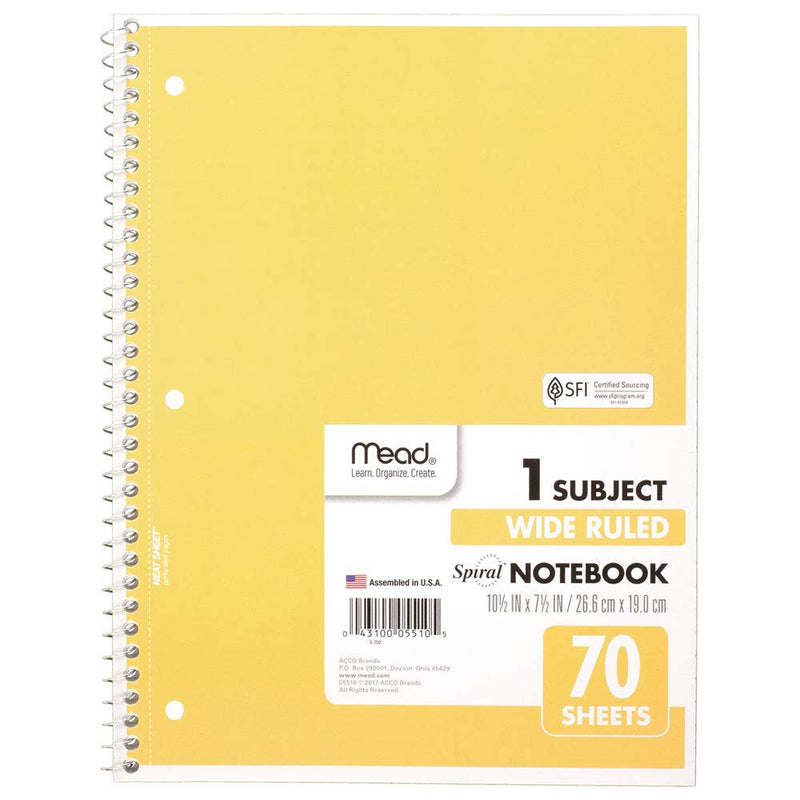 MEAD SPIRAL NOTEBOOK 1 SUBJECT WIDE RULED PAPER 70 SHEETS 10-1/2 X 8 YELLOW - Brand New