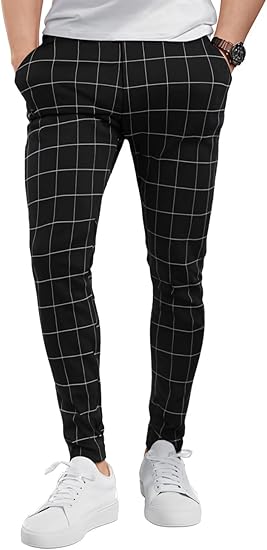 GINGTTO MENS PLAID DRESS STRETCH CHINO PANTS MEN 36 SKINNY FIT - BLACK CHECKERED - Brand New