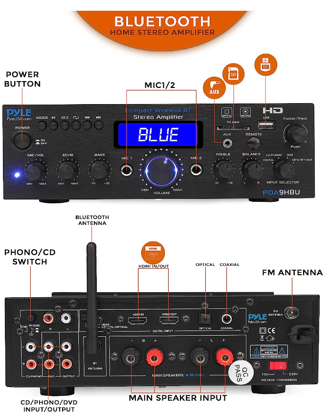 Pyle Wireless Bluetooth Home Audio Receiver System Amplifier PDA9HBU.5 Like New