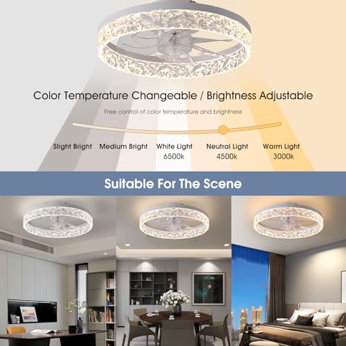AHAWILL FLUSH MOUNT CEILING FAN WITH LIGHT 15.7" REVERSIBLE DIMMABLE - WHITE - Like New