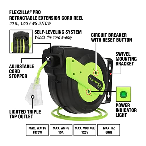 FLEXZILLA RETRACTABLE EXTENSION CORD REEL 12/3 AWG SJTOW CORD 60' - GREEN - Like New