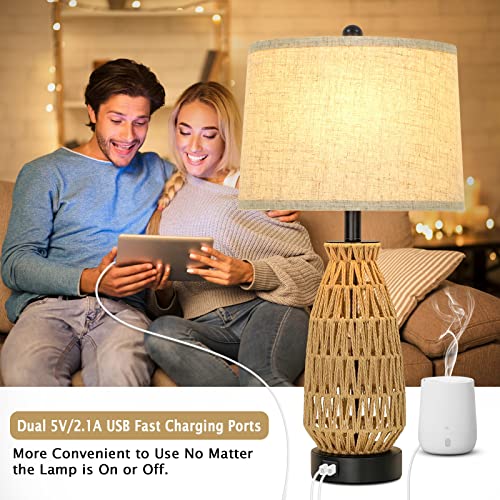 Set of 2 Rattan Table Lamps, 2 USB Ports, Woven Bedside, 26’’ Tall - Oatmeal - Brand New