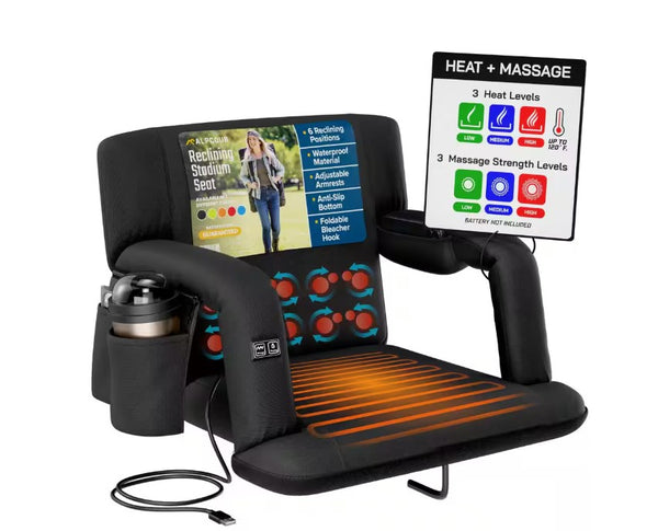 ALPCOUR HEATED MASSAGE RECLINING STADIUM SEAT 25" WIDE - BLACK - Brand New