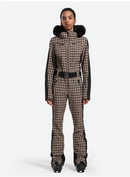 GSOU SNOW WOMEN'S SLIM-FIT STRETCH FAUX FUR SKI SUIT - XS - TAN HOUNDSTOOTH - Brand New