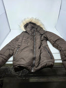 PINK ENVELOPE PUFFER FAUX FUR HOOD QUILTED WINTER COAT - SIZE: WOMEN L - BROWN - Like New