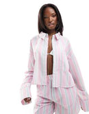 KAIIA CROPPED POPLIN SHIRT CO-ORD IN PINK STRIPE WOMEN 8 - PINK STRIPE - Brand New