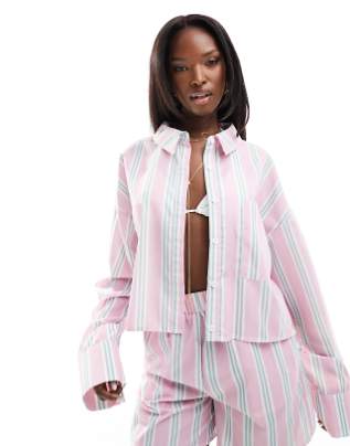 KAIIA CROPPED POPLIN SHIRT CO-ORD IN PINK STRIPE WOMEN 8 - PINK STRIPE - Brand New
