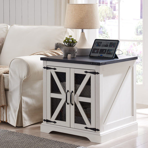 JXQTLINGMU Farmhouse End Table, 24" Large Sofa Side Table with Charging Station - Like New