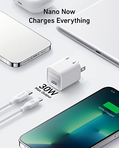 Anker USB C GaN 30W 511 Charger (Nano 3) 6ft Bio-Based, MFi, A2152 - WHITE Like New