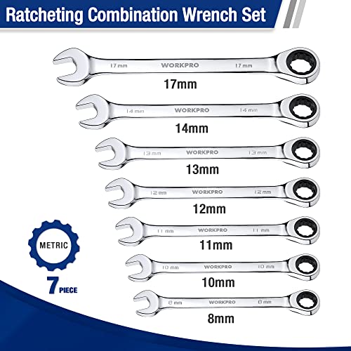WORKPRO 7-PIECE RATCHETING COMBINATION WRENCH SET 72 TEETH CR-V METRIC 8MM-17MM - Like New