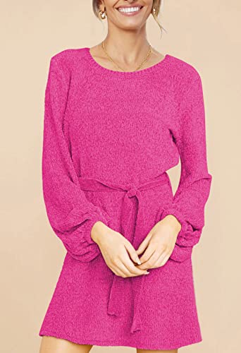 WOMEN'S 2024 FALL WINTER ELEGANT CHENILLE SWEATER DRESS MOCK NECK - HOT PINK - Like New