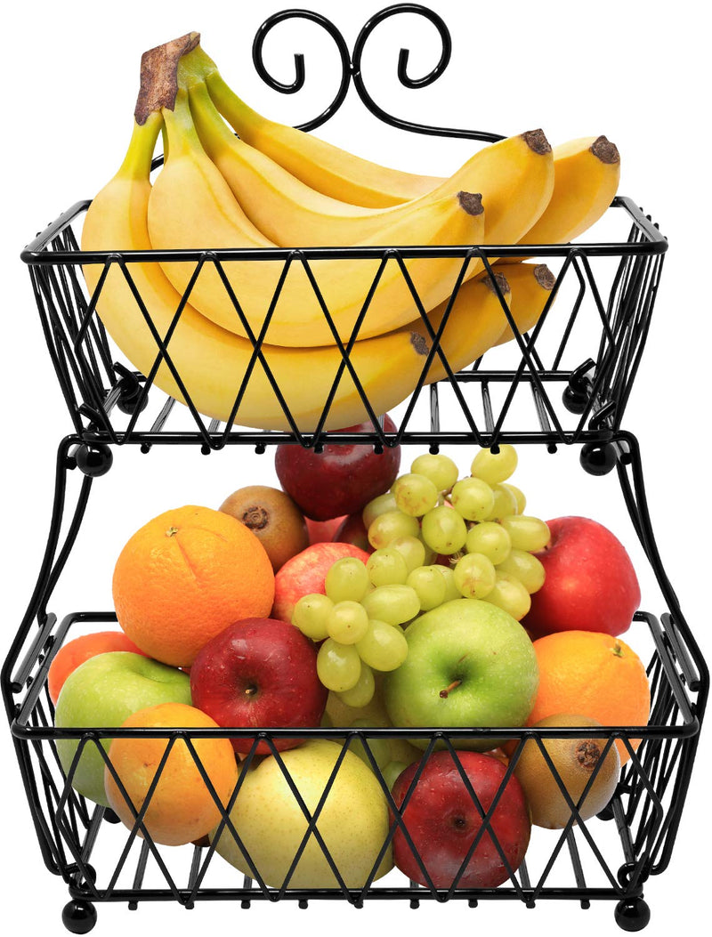 SORBUS FRUIT BASKET DISPLAY STAND, 2-TIER - RECTANGULAR ANTIQUE METAL - BLACK - Like New