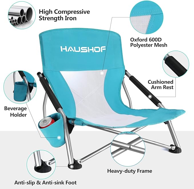 HAUSHOF Low Beach Chair Mesh Back Folding Chair Lightweight Low Seat BLUE/WHITE - Like New