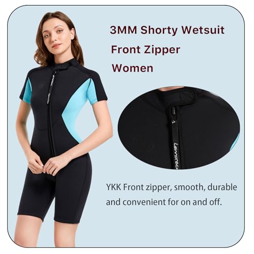 LEMORECN WETSUITS NEOPRENE DIVING SUIT 3MM SHORTY - SIZE L - BLACK/AQUA BLUE - Brand New