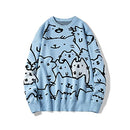 N&D Men's Oversized Cat Sweaters Crewneck Long Sleeve Cotton Cute Blue M - Like New