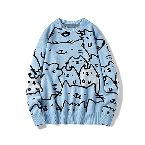 N&D Men's Oversized Cat Sweaters Crewneck Long Sleeve Cotton Cute Blue M - Like New